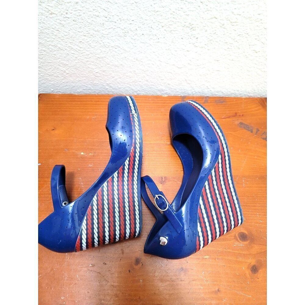 Melissa Blue Wedge Sandals with Striped Heel - Picture 6 of 12